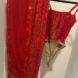 RED NIYKEE MESH AND LACE SET